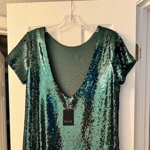 Dark Green sequin peekaboo shoulder low back mini